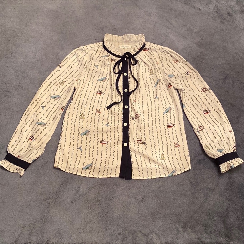 Hanxiner White Blue Striped Ocean Theme Ruffled Button Down Blouse